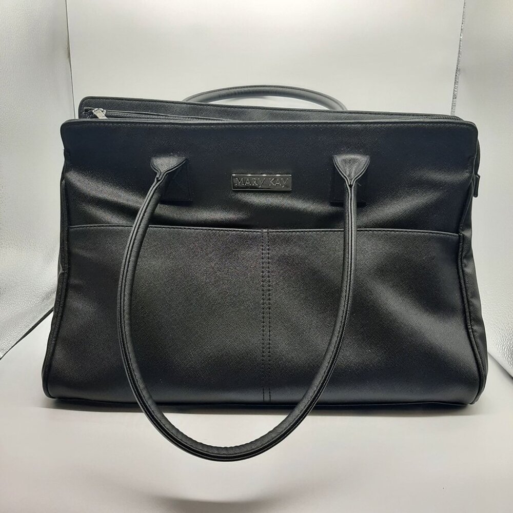 Mary Kay Black Faux Leather Tote Bag Floral Interior
